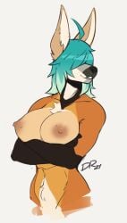 (marking) 2021 anthro areola big_breasts black_markings black_nose blue_hair breasts brown_areola brown_nipples canid canine chest_tuft conditional_dnp crossed_arms digital_media_(artwork) drakeraynier edie_(zeekzag) female fur gloves hair half-length_portrait hi_res long_hair mammal maned_wolf markings multicolored_body multicolored_fur multicolored_hair nipples nude obscured_eyes orange_body orange_fur portrait signature simple_background smile solo tan_body tan_ears tan_fur teeth tuft two_tone_hair white_background white_markings