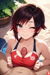 1girl1boy ai_generated beach beach_towel big_breasts black_hair blush cock_between_breast female grey_eyes kneeling looking_at_partner looking_up multicolored_hair muscular_male naked_male omega_weirdo outside paizuri paizuri_under_clothes patreon penis_between_breasts red_hair ruby_rose rwby short_hair smile smiling titjob titjob wink winking_at_partner