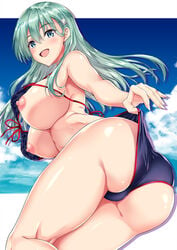 akizuki_akina aqua_eyes aqua_hair ass bikini bikini_pull blue_bikini blush breasts checkered cloud day female fingernails from_below graphite_(medium) hair_between_eyes hair_ornament hair_over_eyes hairclip hand_under_clothes kantai_collection large_breasts long_hair looking_at_viewer nipples open_mouth outdoors outside_border self_exposure shiny shiny_hair sidelocks sky solo string_bikini suzuya_(kantai_collection) swimsuit traditional_media underboob underbust