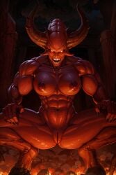 abs ai_generated biceps bloodletter breasts broad_shoulders chaos_(warhammer) chaos_daemon deltoids female female fire glowing_eyes highres hooves horns innie_pussy khorne khorne_daemon knoworai legs_apart looking_at_viewer muscular muscular_female nipples nude pussy red_skin sharp_teeth smoke solo solo_female squatting stable_diffusion thighs warhammer_(franchise) warhammer_40k