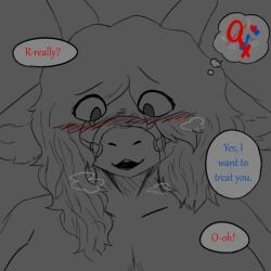 anthro asinus big_breasts blush bovid bovine breasts cattle digital_media_(artwork) donkey equid equine female gynomorph hair harness hi_res highland_cattle horn hybrid intersex kawattame looking_down mammal monochrome nude pack_mule_(kawattame) simple_background smile solo text