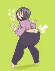 ass_cleavage ass_focus bob_cut butt_crack eddy_spugeddy musical_note oc open_mouth original_character peace_sign sweater tagme wardrobe_malfunction