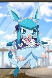 anthro areola big_breasts breasts clothed clothing eeveelution female generation_4_pokemon glaceon heart_symbol hi_res holowear_(pokemon) lets0020 looking_at_viewer mammal nintendo nipples pokemon pokemon_(species) pokemon_unite smile solo tea_party_style_glaceon