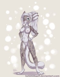 4_ears abstract_background akimbo anthro breasts claws digitigrade feline female fur hair kotenokgaff leopard looking_at_viewer mammal multi_ear nipples nude pussy snow_leopard solo spots standing