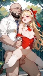 ai_generated bald bald_man beard big_penis blonde_hair hard_nipples long_hair older_male older_man_and_teenage_girl older_penetrating_younger penis_in_pussy red_eyes sex small_breasts smaller_female stockings white_stockings