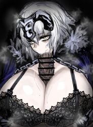 1boy 1girls alternate_breast_size bags_under_eyes bar_censor black_bra black_gloves bra breasts censored dark-skinned_male dark_skin fate/grand_order fate/samurai_remnant fate_(series) fellatio female gloves highres history huge_breasts janne_d'arc jeanne_alter jeanne_d'arc_(fate) jeanne_d'arc_(fate/samurai_remnant) jeanne_d'arc_alter_(fate) large_breasts lipstick lipstick_mark lipstick_on_penis looking_at_viewer maabo_harusame makeup mythology oral paizuri paizuri_under_clothes pubic_hair_in_mouth public_domain short_hair steam steaming_body straight stray_pubic_hair sweat sweatdrop underwear white_hair yellow_eyes