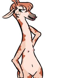 2016 anthro bedroom_eyes disney edy_(inkyfrog) fan_character female flat_chest flat_chested giraffe green_eyes half-closed_eyes hand_behind_head horn inkyfrog lipstick looking_at_viewer makeup mammal navel nipples nude pussy seductive simple_background solo standing white_background zootopia