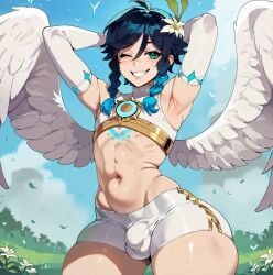 1boy 1femboy ai_generated armpits arms_behind_head big_thighs femboy genshin_impact girly huge_thighs large_thighs male navel pinkle_(smog) thick_thighs thighs trap venti_(genshin_impact) voluptuous