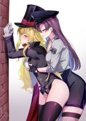 2girls against_wall arrest black_cloak black_gloves black_hat black_jacket black_leotard black_skirt black_thighhighs blonde_hair blush boots bow bowtie breast_press breasts brick_wall brown_eyes brown_hair cleavage cloak commission cuffs fingering fingerless_gloves fishnet_thighhighs fishnets from_side gloves grabbing_another&#039;s_breast grabbing_from_behind green_eyes grey_shirt grey_vest groping handcuffs hat highres jacket leotard leotard_under_clothes long_hair meu203 molestation multiple_girls original phantom_thief phantom_thief_(kkmomo67) police police_hat police_uniform policewoman red_bow red_bowtie red_cloak shirt skeb_commission skirt smile thigh_boots thighhighs thighs top_hat two-sided_cloak two-sided_fabric unbuttoned unbuttoned_shirt vest white_gloves white_shirt yuri zettai_ryouiki