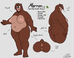 2024 5_fingers 5_toes absurd_res anthro anus areola bear big_breasts breasts brown_body brown_fur brown_tail english_text feet female fiercedeitylynx fingers fur genitals grey_background hi_res huge_breasts mammal marron_(fiercedeitylynx) model_sheet navel nipples nude open_mouth overweight overweight_anthro overweight_female pink_areola pink_nipples pussy signature simple_background solo tail teeth text thick_thighs toes tongue