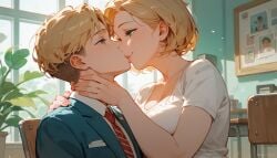 ai_generated blonde_hair family green_eyes happy happy_female husband husband_and_wife kissing kissing mature_female milf older_female older_woman_and_younger_boy short_hair smaller_male wife wife_and_husband