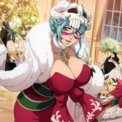 1girls aqua_hair basket big_breasts black_gloves bleach bleach_brave_souls boots breasts christmas christmas_clothing christmas_outfit christmas_tree cleavage clothed clothing cookie corset dress facepaint facial_mark facial_markings female female_focus female_only flower full_body fully_clothed fur fur-trimmed_dress fur_trim gloves happy hood huge_breasts large_breasts long_hair looking_at_viewer mask necklace nelliel_tu_odelschwanck official_art open_mouth open_mouth_smile red_dress santa_costume scar skull skull_hair_ornament skull_mask smile smiling solo solo_female solo_focus spread_arms video_game