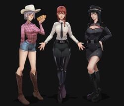 3girls belt big_breasts big_chest black_footwear black_hair blurry blurry_background blush boots braid breasts brunette_hair chainsaw_man chest combat_boots cowboy_boots cowboy_hat cowgirl_(western) cowgirl_boots cowgirl_outfit dominant_female dominatrix earrings eating_food fami_(chainsaw_man) female female_focus female_only femdom heel_boots heeled_boots heels high_heel_boots high_heels highres jean_shorts jeans lace laced_boots latex_boots leather leather_boots leather_clothing leoquezadilla long_hair long_hair_female long_legs looking_at_viewer makima_(chainsaw_man) medals military_clothing military_hat military_uniform necktie pants peaked_cap purple_hair red_eyes red_hair riding_boots sandwich_(food) scars shiny_clothes shiny_footwear shiny_legwear shirt short_hair short_hair_female sitting thigh_boots thigh_high_boots thigh_highs thighhigh_boots thighhighs thighs tight_clothes tight_clothing tight_jeans tight_pants western_boots yellow_eyes yoru_(chainsaw_man)