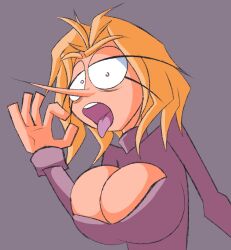 1girls 2d 2d_(artwork) blonde_female blonde_hair blonde_hair_female blowjob_gesture cleavage female female_only human patty_(pepperonpatty) pepperonpatty pointy_chin solo solo_female tongue