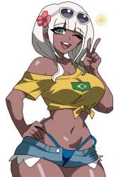 aqua_eyes big_breasts blush blushing brazilian_flag brazilian_miku brazilian_miku_(cosplay) breasts collarbone danganronpa danganronpa_v3 dark-skinned_female dark_skin female female_only flower_in_hair ghostec hand_on_hip happy looking_at_viewer navel open_mouth peace_sign ponytail shades shades_above_head shirt shorts signature simple_background smile solo standing straight_bangs sunglasses sunglasses_on_head teeth thick_thighs thong tongue v_sign white_background white_hair wide_hips yellow_shirt yonaga_angie