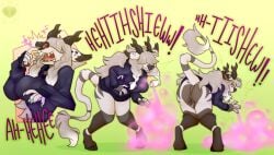 absurd_res allergy anthro antlers anus aroused ashley_(vinthebat) ass bent_over big_nostrils bottomless braided_hair butt_heart clothed clothing deer ear_tuft fangs female flared_nostrils flirting fluffy fluffy_tail fur genitals giggle grey_hair hair hair_over_eyes half_naked hi_res hoodie horn hybrid imminent_sneeze in_heat knock-kneed long_hair mammal mountain_deer_dragon pheromones presenting presenting_hindquarters presenting_pussy pupperstar pussy raised_tail simple_background slightly_chubby sneeze snout solo striped_body striped_fur stripes tail teeth thick_thighs topwear tuft white_body white_fur