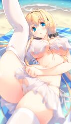 beach bikini bikini_skirt blonde_hair blue_eyes breasts female large_breasts long_hair low_twintails lying mutsuno_hekisa original solo swimsuit thighhighs tied_hair twintails