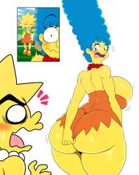 2022 2022s 2girls accidental_exposure ass ass_focus big_ass big_butt blue_hair bubble_ass bubble_butt clothing_swap cosplay female female_focus female_only lisa_simpson lisa_simpson_(cosplay) marge_simpson multiple_girls necklace pearl_necklace simple_background skirt_too_short sssonic2 the_simpsons white_background yellow_body