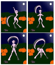 anthro breasts clothing dreamkeepers female food fruit full_moon grass halloween hands_on_hips hi_res holding_breast holidays lagomorph leporid mammal moon night nude open_mouth plant presenting pumpkin rabbit raised_tail smile solo tail viriathus_vayu wolfman201085 yawn