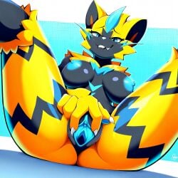 ai_generated biting_lip black_body blue_nipples blue_pussy clawed_fingers furry furry_female furry_only large_breasts looking_down pokemon pokemon_(species) presenting sitting spread_legs spread_pussy yellow_fur zeraora