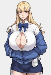 ai_generated bunanza_ busty cardiganng cleavage female_only hourglass_figure huge_breasts long_sleeves nikke shirt skirt solo tagme thick_thighs tia_(nikke)