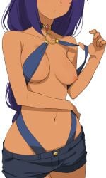 dark-skinned_female dark_skin eyes_out_of_frame female_focus jahy jahy_sama_wa_kujikenai! large_breasts long_hair morisobo one_breast_out pout presenting purple_hair short_shorts white_background