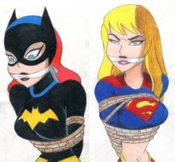 2girls barbara_gordon batgirl batman_(series) bondage cloth_gag dc dc_comics dcau gag gagged kara_zor-el multiple_girls rope_bondage snowking68 supergirl superheroine superman_(series) tied_up