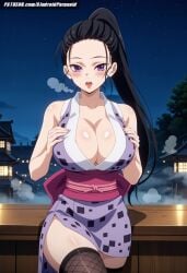 ai_generated aindroidparanoid black_hair breasts busty cleavage curvy cute demon_slayer female female_only grabbing_own_breast hinatsuru_(kimetsu_no_yaiba) hips huge_breasts kimetsu_no_yaiba kimono kunoichi large_breasts legs long_hair massive_breasts narrow_waist night outdoors ponytail purple_eyes slim_waist squeezing_breast stable_diffusion standing thick_legs thick_thighs touching_breast voluptuous wide_hips wife