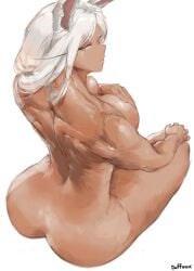 1girls ass back_view breasts covered_nipples dark-skinned_female dark_skin duffmox female female_only long_hair miruko muscles my_hero_academia rabbit_ears rabbit_girl tagme white_background white_fur white_hair