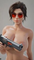 1girls 3d ai ai_generated ai_hands breasts brown_hair female female_only grey_background gun holding_gun lara_croft lara_croft_(ai_generated) looking_at_viewer naked naked_female nipples nude nude_female one_color_background perry_cracker red_sunglasses standing standing_female sunglasses tinted_eyewear tomb_raider watermark