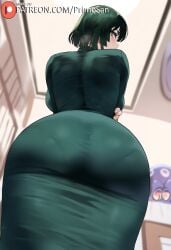 ai_generated ass ass_focus dress from_behind from_below fubuki_(one-punch_man) green_eyes green_hair large_ass large_breasts looking_back mature_female one-punch_man primosan short_hair skintight standing