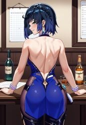 ai_generated ass back_view blue_dress green_eyes looking_at_viewer smile yelan_(genshin_impact)