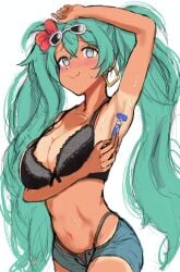 armpit_fetish armpits arms_up big_breasts bikini brazil brazilian brazilian_female brazilian_miku breasts busty daisy_dukes embarrassed female female_focus female_only halabulu hatsune_miku hourglass_figure large_breasts long_hair navel shaving shaving_armpits sweat tagme tan tan_body tan_skin tanline thong thong_bikini twintails vocaloid wide_hips