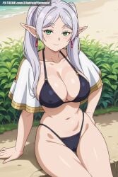 ai_generated aindroidparanoid beach big_breasts bikini busty cameltoe capelet cleavage covered_nipples curvy elf elf_ears elf_female female female_only frieren frieren_beyond_journey's_end green_eyes huge_breasts large_breasts legs narrow_waist nipples outdoors sitting slim_waist sousou_no_frieren stable_diffusion twintails voluptuous waist white_hair