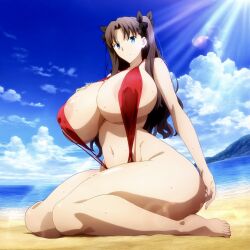 1girl ai_generated beach big_breasts bikini blue_hair breasts busty child_bearing_hips curvaceous curvy curvy_figure dark_hair fate/stay_night fate_(series) feet female female_only huge_breasts nipple_bulge sling_bikini tohsaka_rin