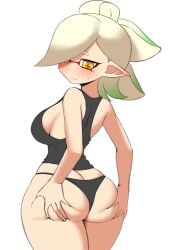 1girls ass ass_focus ass_grab black_panties black_tank_top blush blushing booty breasts embarrassed female female_only from_behind grabbing_ass grabbing_own_ass green_hair insecure light-skinned_female looking_back marie_(splatoon) medium_breasts nintendo nobunagapero panties pointy_ears sideboob simple_background solo splatoon splatoon_(series) sweat tank_top tentacle_hair two-tone_hair underwear white_background white_hair yellow_eyes