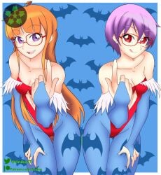 2girls arukas breasts cosplay crossover darkstalkers female female_only glasses lilith_aensland lilith_aensland_(cosplay) long_hair megami_tensei multiple_girls orange_hair persona persona_5 purple_hair red_eyes sakura_futaba