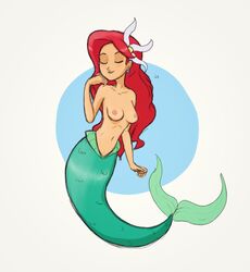 ariel breasts closed_eyes disney female hair_ornament kt-draws long_hair medium_breasts mermaid navel nipples nude pink_nipples png red_hair signature smile solo tail tail_fin the_little_mermaid