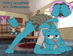 anthro ass ass_up bad_parenting blue_body blue_fur buttplug cartoon_network dialogue domestic_cat duo family_photo feet felid feline felis female fur furniture genitals gumball_watterson heart_buttplug incest_(lore) jack-o'_pose living_room looking_at_ass looking_back male male/female mammal mother_(lore) mother_and_child_(lore) mother_and_son mother_and_son_(lore) nicole_watterson no_panties noxshade parent_(lore) parent_and_child_(lore) parent_and_son_(lore) picture_frame plug_(sex_toy) pose presenting presenting_hindquarters pussy seductive sex_toy shocked sitting sofa son_(lore) surprised_expression tail the_amazing_world_of_gumball