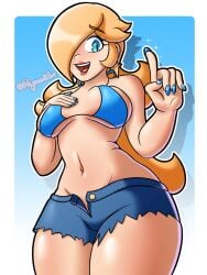 1girls blonde_female blonde_hair blonde_hair blue_bra blue_eyes blue_fingernails bra breasts clothed female female_only hair_over_one_eye hips mario_(series) nintendo nyazuliart painted_fingernails painted_nails princess_rosalina ripped_clothing ripped_clothing ripped_shorts small_breasts smiling solo star_earrings super_mario_galaxy unbuttoned_shorts wide_hips