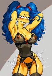 20th_century_fox 20th_century_studios ai_generated blue_hair hair_blue hands_behind_head huge_breasts lingerie looking_at_viewer marge_simpson the_simpsons twintails yellow_body