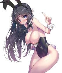 10s 3: animal_ears bare_shoulders black_hair blue_eyes blush bow bowtie breasts breasts_out brown_pantyhose clothes_pull covered_navel cowboy_shot detached_collar exposed_breasts fake_animal_ears female fingernails hair_ornament hairband hairclip hong_(white_spider) index_finger_raised large_breasts leotard long_fingernails long_hair nipples pantyhose playboy_bunny rabbit_ears rabbit_tail sakurajima_mai seishun_buta_yarou_wa_bunny_girl_senpai_no_yume_wo_minai sidelocks simple_background solo tail white_background wrist_cuffs