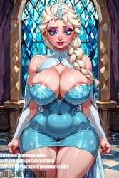 ai-created ai_generated areola_slip areolae bare_shoulders blonde_hair blue_dress blue_eyes blush braid breasts cape cleavage clothing covered_navel curvaceous detached_sleeves dress earrings elsa_(frozen) eyeshadow female female_only frozen_(disney) hair_over_shoulder horns huge_breasts jewelry jousneystudio large_areolae large_breasts light-skinned_female lips lipstick long_hair looking_at_viewer makeup mole mole_on_breast mole_under_eye mole_under_mouth nipples plump single_braid single_horn smile solo thick_thighs thighs tied_hair voluptuous wide_hips