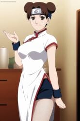 ai_generated artkoikoi asian asian_female athletic_female bandana bare_legs big_breasts bike_shorts brown_eyes brunette_hair hair_bun huge_breasts huge_thighs kunoichi large_breasts light-skinned_female light_skin looking_at_viewer naruto_(series) naruto_shippuden smiling solo_female tenten thick_thighs thighs voluptuous voluptuous_female