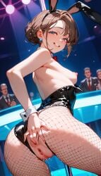 ai_generated ass ass_focus asshole blue_eyes brown_hair bunny_ears bunny_girl bunnysuit fishnet_pantyhose happy happy_female hard_nipples mature_female milf pussy pussy_juice small_breasts sole_female striptease