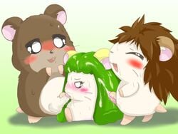 bear bear_(hamtaro) blush brown_fur brown_hair closed_eyes cum cum_on_body cum_on_face cumshot ejaculation erection feline fellatio female feral fur green_background green_hair group group_sex hair hamster hamtaro_(series) lion lion_(hamtaro) male mammal open_mouth oral orgasm otome_(hamtaro) penis rodent sex simple_background straight suvaru sweat tapering_penis threesome uncut white_fur