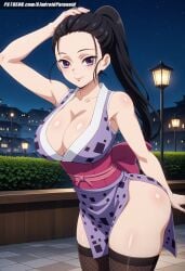 ai_generated aindroidparanoid ass bent_over big_ass big_butt black_hair breasts busty cleavage curvy cute demon_slayer fat_ass female female_only fishnets hinatsuru_(kimetsu_no_yaiba) hips huge_ass huge_breasts huge_butt kimetsu_no_yaiba kimono kunoichi large_ass large_breasts large_butt leaning_forward legs long_hair massive_breasts narrow_waist night outdoors ponytail purple_eyes slim_waist stable_diffusion standing thick_legs thick_thighs voluptuous wide_hips wife