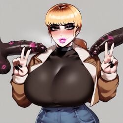 a_ibooba ai_generated big_breasts big_penis bimbo dark-skinned_male fear_and_hunger fear_and_hunger:_termina huge_breasts karin_(fear_and_hunger) large_breasts lipstick lipstick_mark lipstick_on_penis peace_sign thick_lips