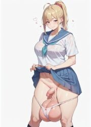 ahoge ai_generated balls balls_bigger_than_head balls_in_panties big_balls big_balls_small_penis big_breasts black_socks blonde_hair futanari hairless hairless_balls hearts_around_head huge_balls lifted_skirt lifting_clothing lifting_skirt no_background panties panties_around_leg panties_down ponytail presenting_balls presenting_penis school_uniform schoolgirl schoolgirl_uniform showing_penis smiling smug_grin socks solo thick_ass thick_legs uno_makoto_style white_background