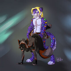 abstract_background anthro ass_up blonde_hair breasts canine claws closed_eyes digitigrade feline female fur grin hair kotenokgaff leopard male mammal multicolored_body multicolored_fur muscular muscular_male open_mouth rainbow_fur sex snow_leopard spots standing teeth were werewolf wheelbarrow_position wolf